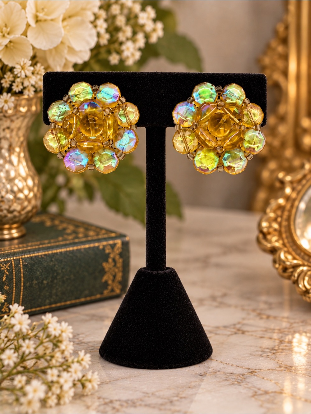 Western Germany Aurora Borealis Amber Tones Glass Beaded Clip On Earring Vintage